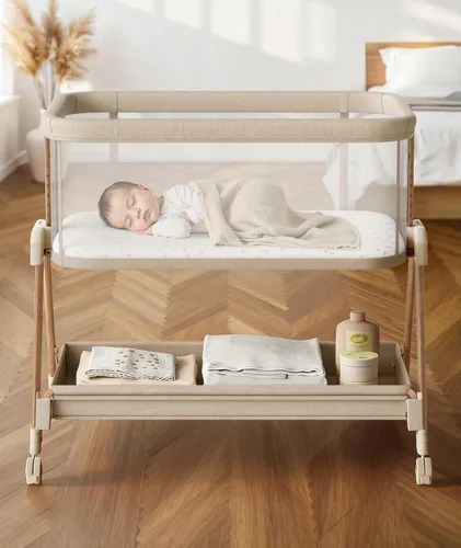 Vista 10 de Fodoss Moisés para bebé con ruedas, bandeja de almacenamiento, malla de 4 lados, 7 alturas ajustables, color beige