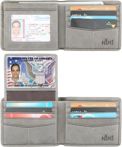 Vista 9 de Cartera de piel auténtica para hombre, con bloqueo RFID, plegable, elegante, con 2 ventanas de identificación Negro