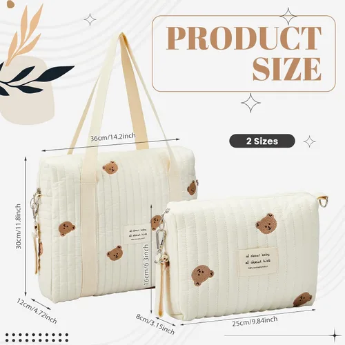 Vista 3 de Paterr Juego de 2 bolsas de pañales acolchadas de algodón multifuncional, bolsa de hospital de maternidad, bolsa de viaje para mujeres, enfermeras