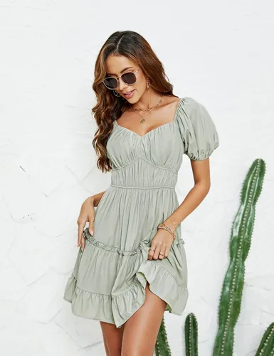 Vista 8 de Blooming Jelly Vestido babydoll para mujer, manga abombada, casual, con hombros descubiertos, vestido suelto con volantes y espalda descubierta