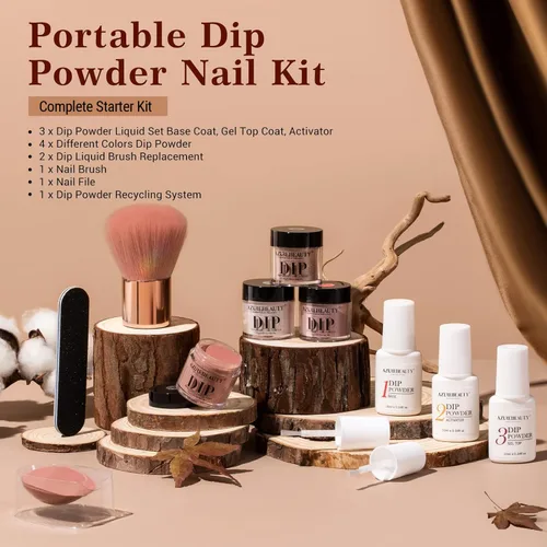Vista 6 de AZUREBEAUTY Kit de iniciación de uñas en polvo de inmersión, 4 colores de otoño, piel nude, marrón, purpurina, juego de líquido de polvo