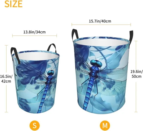 Vista 5 de Cesta circular con estampado de libélula azul artística impermeable, cesta organizadora de almacenamiento con asas para ropa, juguetes, pequeña