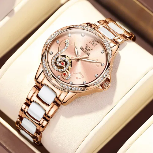 Vista 2 de OLEVS Reloj para mujer automático automático mecánico reloj de pulsera para mujer, cara grande, dos tonos, acero inoxidable, pulsera de cerámica