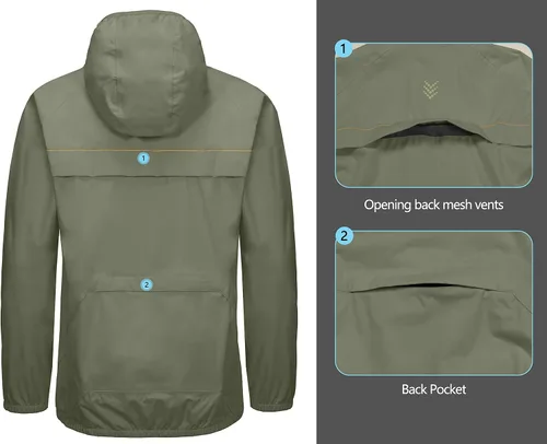 Vista 5 de Little Donkey Andy Chaqueta de lluvia elástica para hombre con capucha, resistente al viento y al agua, plegable