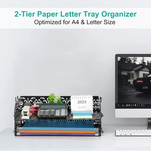Vista 3 de EasyPAG, charola para escritorio de 2 niveles para cartas, diseño calado de flores, Negro