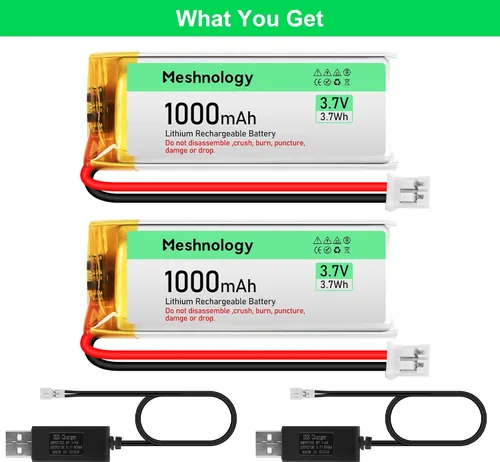 Vista 8 de 2 unids 3.7 V 1000 mAh Li batería con cable de cargador USB 102050 1S LiPo batería con placa de protección cinta de goma aislada y micro JST 2.0