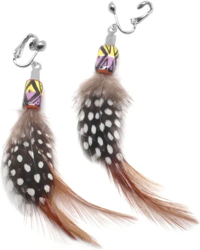 Vista 6 de Natural Feather Ethnic Fusion Earrings Peruvian Ceramic Yellow Lilac Black