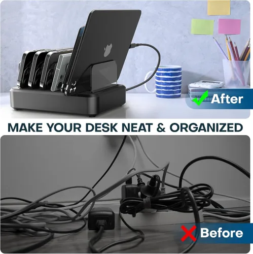 Vista 4 de Estación de carga para múltiples dispositivos, 65 W, 6 puertos, estación de carga rápida USB C con 6 cables de carga mixtos, base de carga