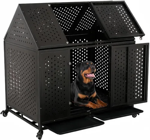 Vista 8 de Jaula indestructible para perros de 44 pulgadas, jaula de acero a prueba de mordeduras de alta ansiedad para perros medianos y grandes, doble puerta