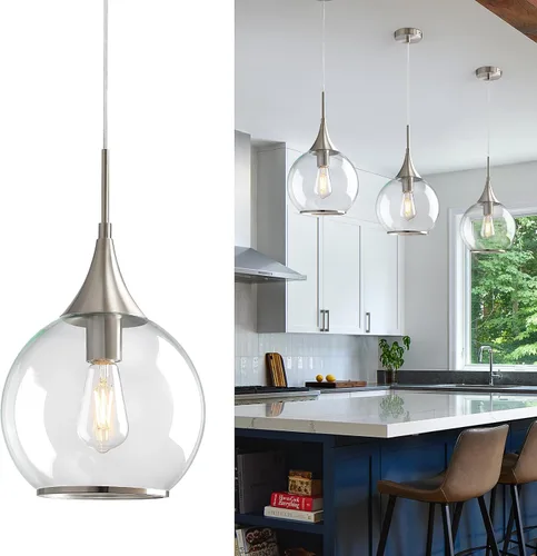 Vista 16 de Luces Colgantes para Isla de Cocina: Lámpara de Estilo Granja Dorada Cepillada con Vidrio Transparente - Globo de Mediados de Siglo de 10 Pulgadas