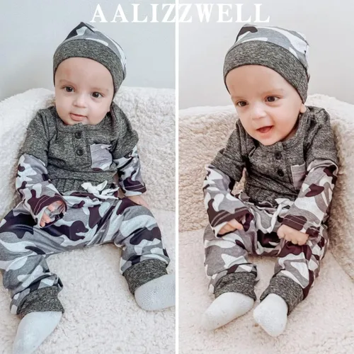 Vista 2 de Aalizzwell Conjunto de Ropa para Bebé Recién Nacido, Niños, Otoño e Invierno Camouflaje