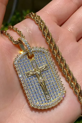 Vista 6 de Baguette - Colgante de cadena de acero inoxidable para hombre, mujer, 925 con acabado en oro italiano, colgante de plata helada, colgante de cuerda