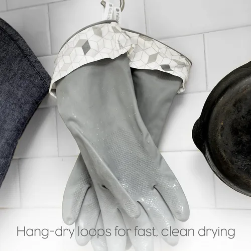 Vista 6 de Full Circle Splash Patrol - Guantes de limpieza de látex natural para platos, puños de algodón que se mantienen secos, duraderos con forro Gris