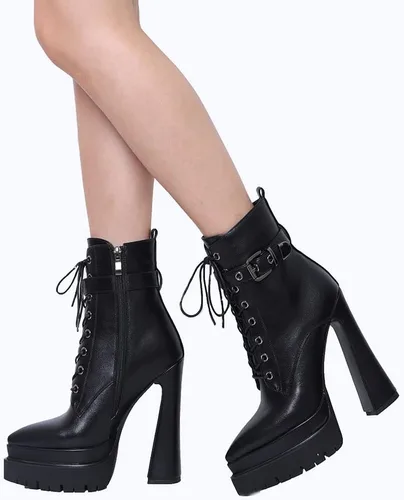 Vista 4 de Mattiventon Botas de plataforma para mujer, tacón grueso, punta puntiaguda, botines con cordones al tobillo