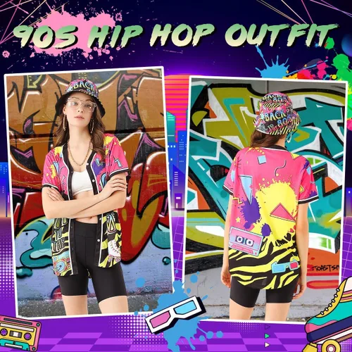 Vista 4 de Traje de los años 80 y 90 para mujer, disfraz unisex de hip hop, camiseta de béisbol, pantalones de yoga, sombrero de pescador, cadena dorada