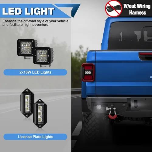 Vista 6 de Parachoques Trasero Gladiator, Parachoques Negro Texturizado con Luces LED y Agujeros para Sensores y Anillos en D, Compatible con Gladiator JT 2020