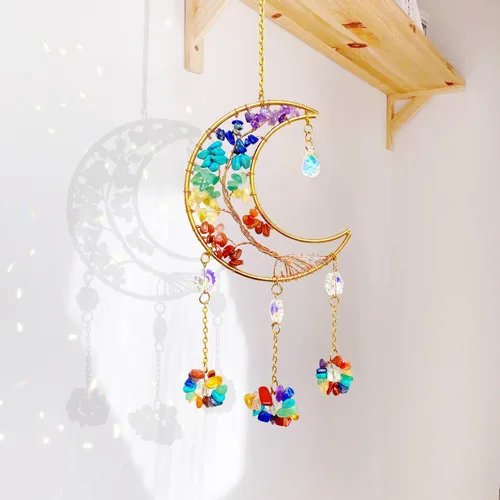 Vista 6 de Atrapasueños de luna con cristal de 7 chakras, atrapasueños, atrapasueños de cristal, arco iris, decoración de buena suerte para ventana, pared