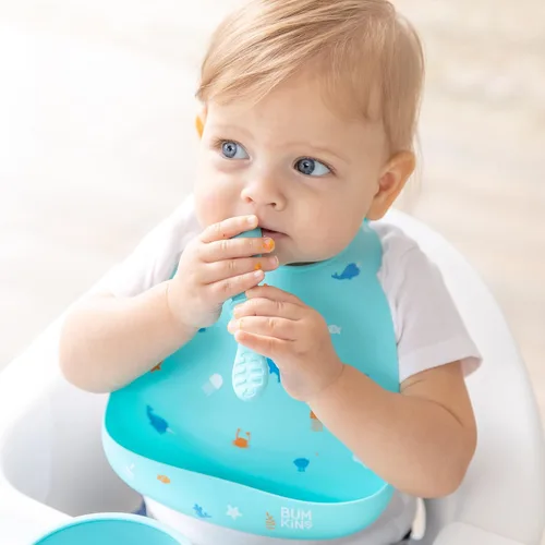 Vista 3 de Bumkins Juego de utensilios para bebé, cucharas de entrenamiento de silicona para sumergir, punta suave, autoalimentación, masticar, destete LED