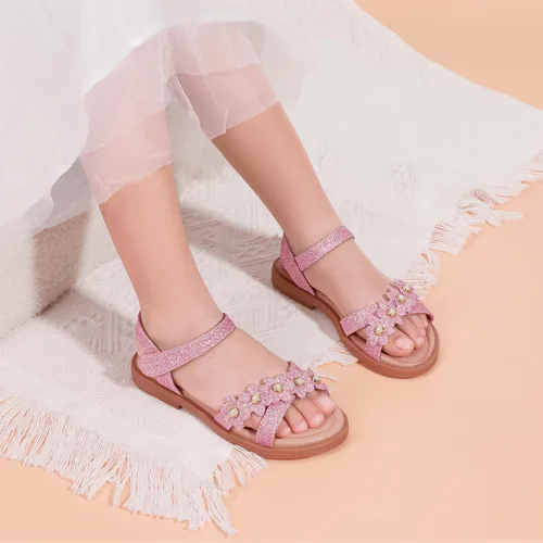 Vista 3 de PANDANINJIA Elva - Sandalias para niñas con puntera abierta, bonitas, planas, sandalias de vestir con tiras cruzadas, zapatos de verano para niños