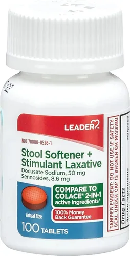 Vista 2 de Leader Suavizante de heces 2 en 1 y laxante estimulante, Docusate Sodium 50 mg, sennósidos 8.6 mg, alivio ocasional suave del estreñimiento