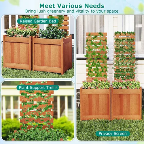Vista 7 de Giantex Cama de jardín elevada de madera con enrejado, maceta para exteriores con base abierta para plantas trepadoras, profundidad de plantación