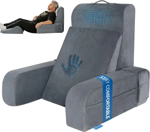 Vista 13 de Kayfia Almohada de lectura, almohada de espalda 10 en 1 para cama sentada con reposabrazos desmontable, respaldo con espuma viscoelástica de gel