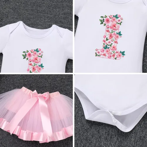 Vista 5 de ODASDO Conjunto de 3 piezas de traje de primer cumpleaños para niña con estampado de flores, de algodón, falda tutú, corona y diadema