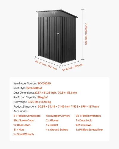 Vista 7 de VEVOR Cobertizo de jardín de metal de 5 x 3 pies, edificio de almacenamiento con puerta con cerradura y 2 rejillas de ventilación, cobertizo