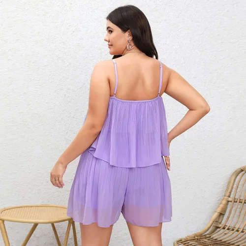 Vista 3 de EXLURA Overol corto de verano para mujer, talla grande, cuello cuadrado, volantes, tirantes delgados, plisado, sin mangas, con vuelo