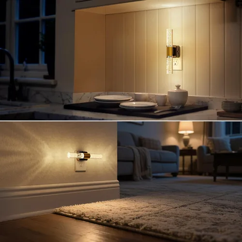 Vista 6 de DORESshop Luz nocturna LED, luces nocturnas giratorias enchufables a la pared, sensor de luz nocturna regulable automático, luz suave de 3000 K, luz