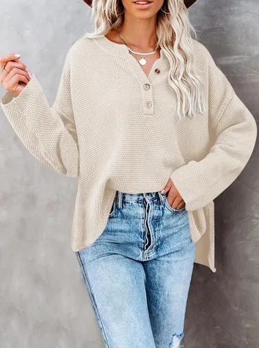 Vista 3 de Pink Queen Suéter de punto con cuello en V para mujer, de gran tamaño, manga larga tipo murciélago, estilo Henley