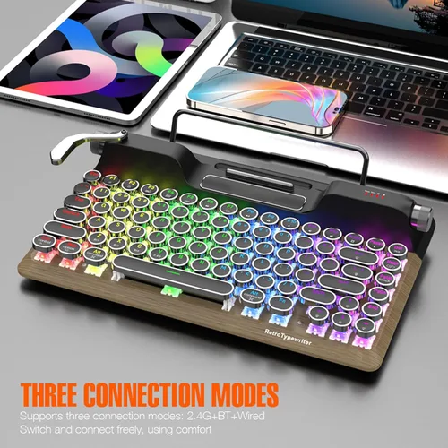 Vista 2 de Zopsc Retro Typewriter Mechanical Keyboard, 84 Keys Wireless 2.4G and Bluetooth 5.0, RGB Backlit, Blue Switches, Hot Swappable, with PU Leather