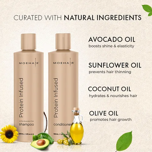 Vista 2 de MOEHAIR Juego de champú y acondicionador con infusión de proteínas para cabello seco y dañado, fortalece la fibra capilar, sin sulfatos ni
