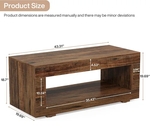 Vista 2 de Tribesigns Mesa de centro de madera para sala de estar, mesa de centro moderna de granja de 43.3 pulgadas con almacenamiento, mesa central