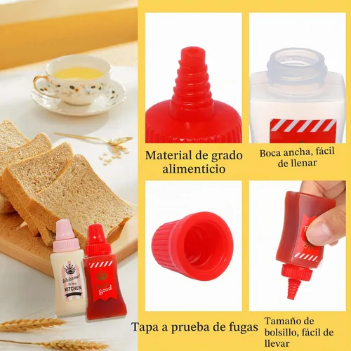 Vista 5 de Mini botella de ketchup para lonchera, botellas pequeñas para condimentos, recipientes de salsa de plástico para accesorios de almuerzo Bento