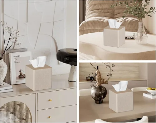Vista 6 de Caja de pañuelos cuadrados para caja de pañuelos, paquete de 2 unidades, soporte de piel sintética para decoración de tocador de baño (beige)