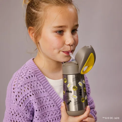 Vista 3 de Batman - Botella de agua b.box aislada de 12 onzas – Botella de agua para niños de acero inoxidable con popote de silicona de flujo libre, tazas