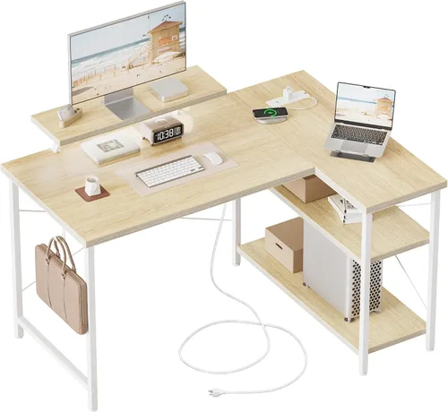 Vista 41 de Mericonia Escritorio pequeño en forma de L para computadora con tomas de corriente, escritorio de juegos para espacios pequeños, escritorio