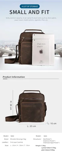 Vista 8 de CHARGELLA Genuine Leather Messenger Bag for Men, Office Work CrossBody Adjustable Shoulder Bag with 6 Zipper Pocket for Phone, Wallet, Storage Brown