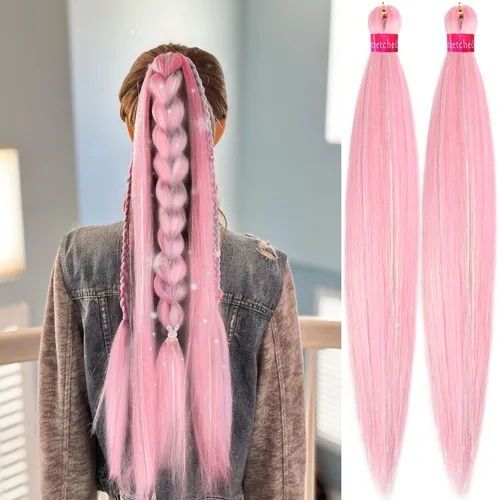 Vista 22 de Cabello trenzado verde con lentejuelas de 26 pulgadas, preestirado, trenzas de textura Yaki, extensiones de cabello pre plumadas, 3 paquetes, fácil