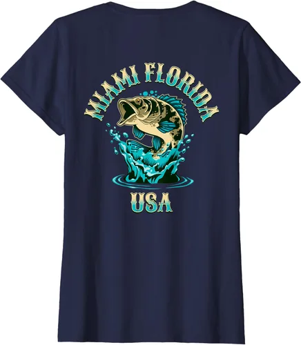 Vista 45 de Camiseta con diseño de pesca en la parte delantera y trasera de Miami Florida USA, Negro