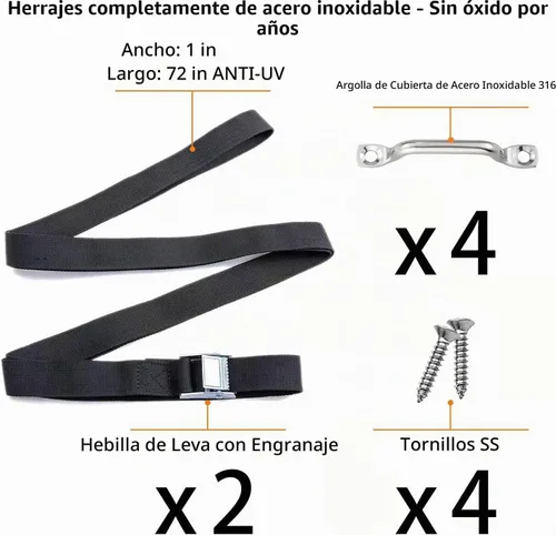Vista 2 de Correa de amarre de batería de 78 pulgadas, kit de correas de sujeción de caja de batería con hebilla de leva de acero inoxidable, soportes de bucle