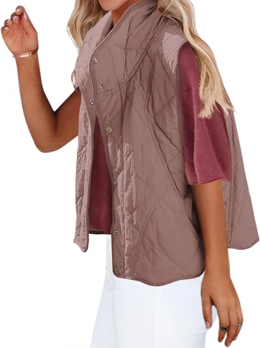 Vista 2 de SENSERISE Chaleco acolchado para mujer, con cuello alto, ligero, con botones y bolsillos