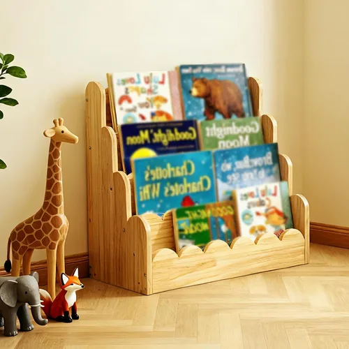 Vista 4 de Estantería festoneada de 4 niveles para niños, estantería pequeña de madera de 16.5 x 15.7 x 9.8 pulgadas para niños pequeños, estante organizador