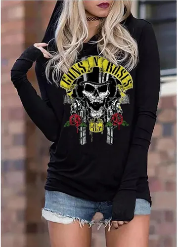 Vista 2 de Guns N' Rose - Sudadera con capucha gráfica para mujer, camiseta de música de banda de rock, camiseta vintage de calavera rosa de manga larga