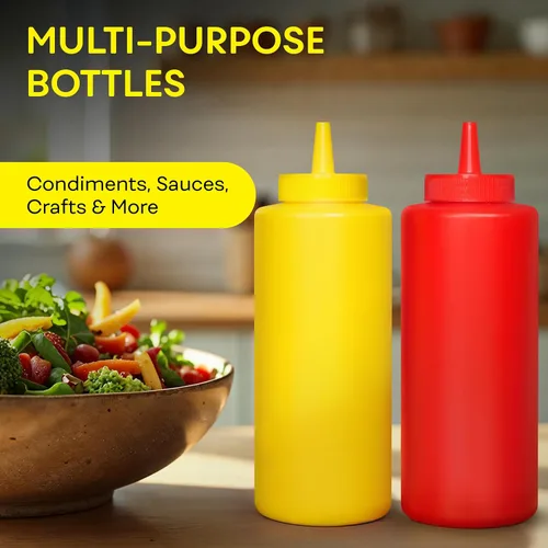 Vista 4 de BRIGHTFROM Botellas exprimibles para condimentos, rojo/amarillo botella vacía de 12 onzas con cuello ancho, ideal para salsa de tomate, mostaza