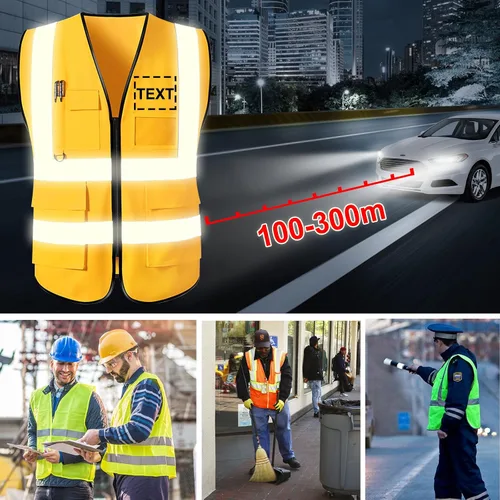 Vista 6 de Chaleco de seguridad personalizado con logotipo, texto, nombre, alta visibilidad, bolsillos y cremallera, a granel para mujeres y hombres Class 2
