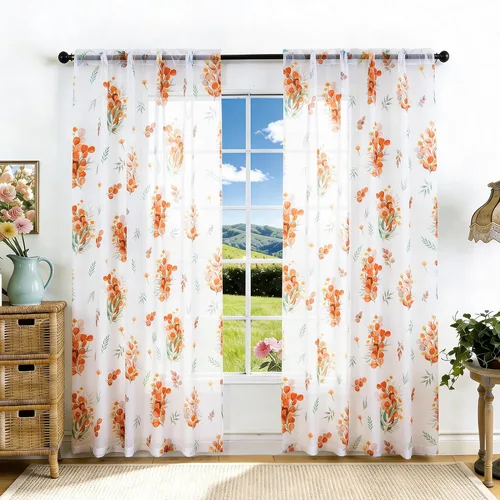 Vista 11 de youleyar - Cortinas florales transparentes para sala de estar, 54 pulgadas Cortina semitransparente blanca con estampado de flores/mariposas
