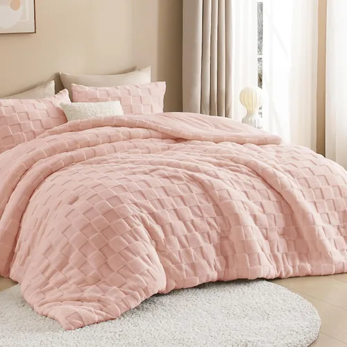 Vista 10 de Litanika - Juego de edredón esponjoso tamaño individual color beige, 3 piezas, ropa de cama de sherpa de felpa cálida para invierno, juego de cama