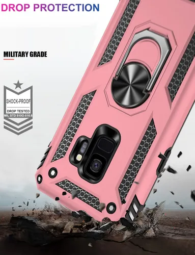 Vista 4 de IKAZZ Funda protectora para Galaxy S9, grado militar, a prueba de golpes, resistente, para pasar la prueba de caída de 16 pies con soporte Oro Rosa